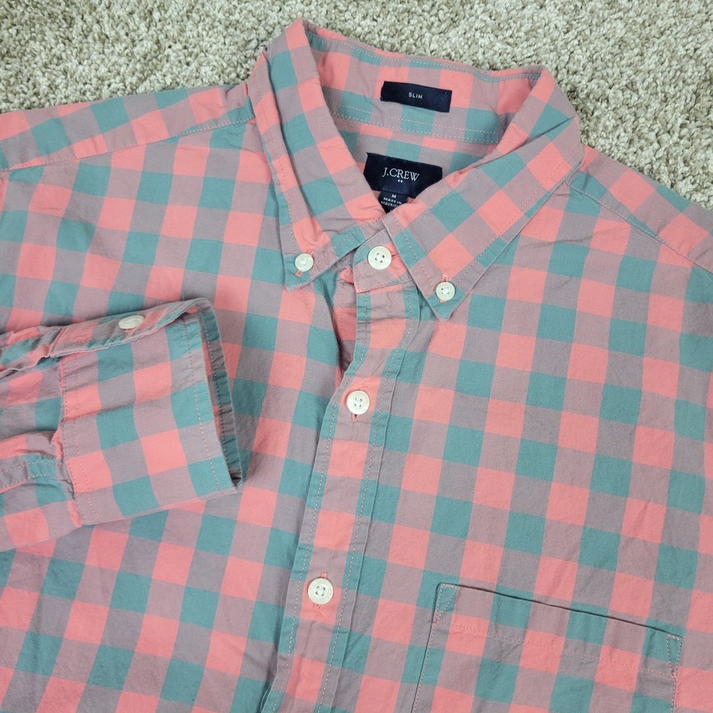J. Crew Slim Mens Medium Red Blue Gingham Check Button Down Long Sleeve